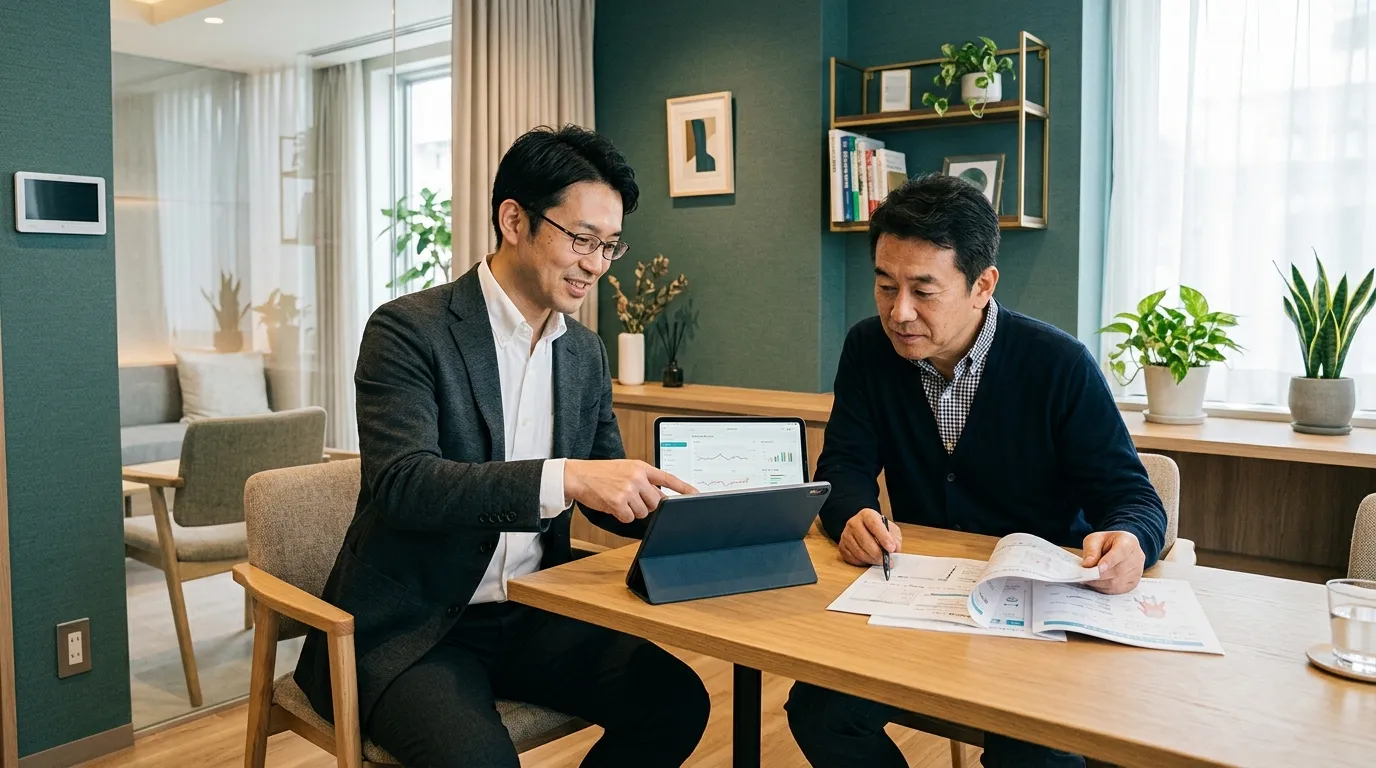 医師とクライアントが検査結果を一緒に見ながら対話しているイメージ